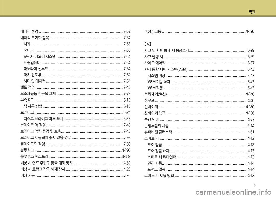 Hyundai Grandeur 2016 그랜저 HG - 사용 설명서 (in Korean) 색인
5
배터리 점검 ................................................................................................7-52
배터리 초기화 항목 . . . . . . . . . . . . . . . . . . . . . . . Hyundai Grandeur 2016 그랜저 HG - 사용 설명서 (in Korean) 색인
5
배터리 점검 ................................................................................................7-52
배터리 초기화 항목 . . . . . . . . . . . . . . . . . . . . . . .