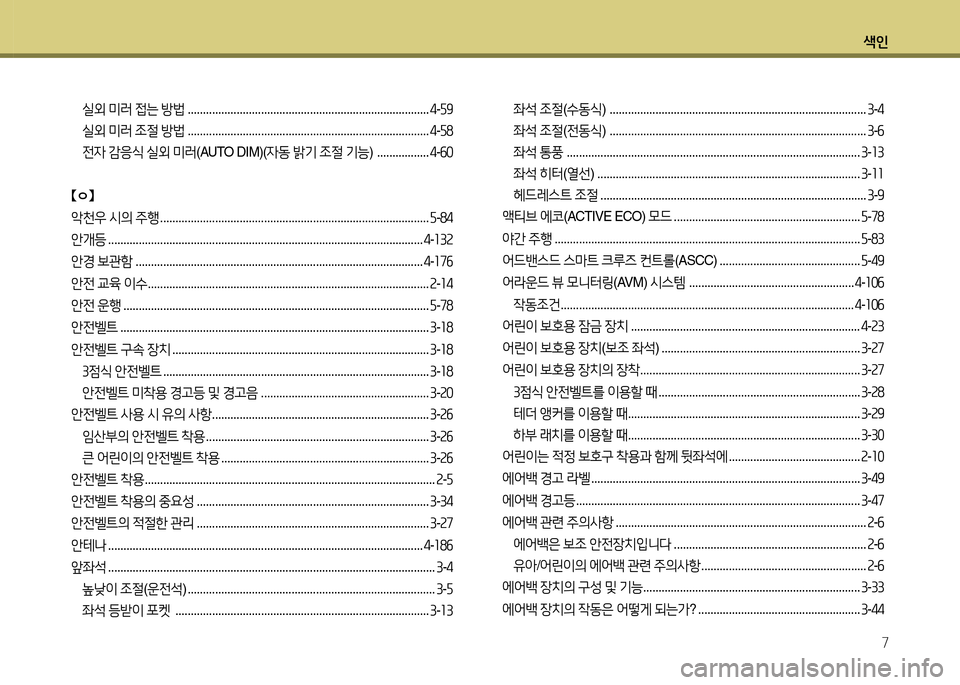 Hyundai Grandeur 2016 그랜저 HG - 사용 설명서 (in Korean) 색인
7
실외 미러 접는 방법 ...............................................................................4-59
실외 미러 조절 방법 ................................................... Hyundai Grandeur 2016 그랜저 HG - 사용 설명서 (in Korean) 색인
7
실외 미러 접는 방법 ...............................................................................4-59
실외 미러 조절 방법 ...................................................