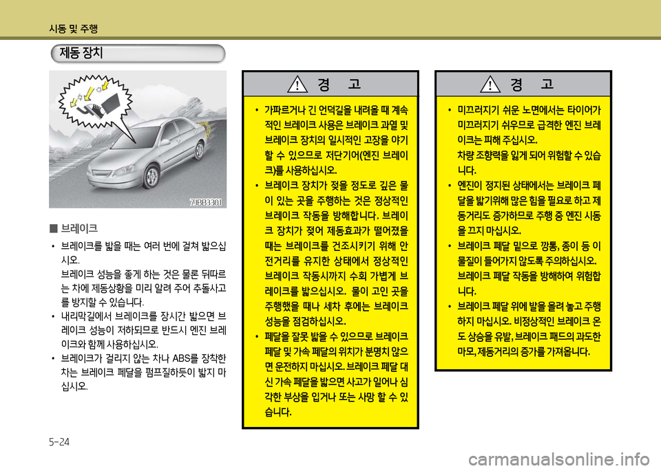 Hyundai Grandeur 2016  그랜저 HG - 사용 설명서 (in Korean) 시동 및 주행
5-24
 0브레이크
 •브레이크를 밟을 때는 여러 번에 걸쳐 밟으십
시오.
 브레이크 성능을 좋게 하는 것은 물론 뒤따르
는 차에 제동상황을