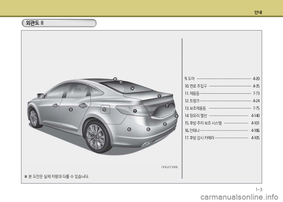 Hyundai Grandeur 2016  그랜저 HG - 사용 설명서 (in Korean) 안내
1-3
외관도 II
※ 본 도안은 실제 차량과 다를 수 있습니다.
9. 도어 ……………………………………………… 4-20
10. 연료 주입구 ……………………