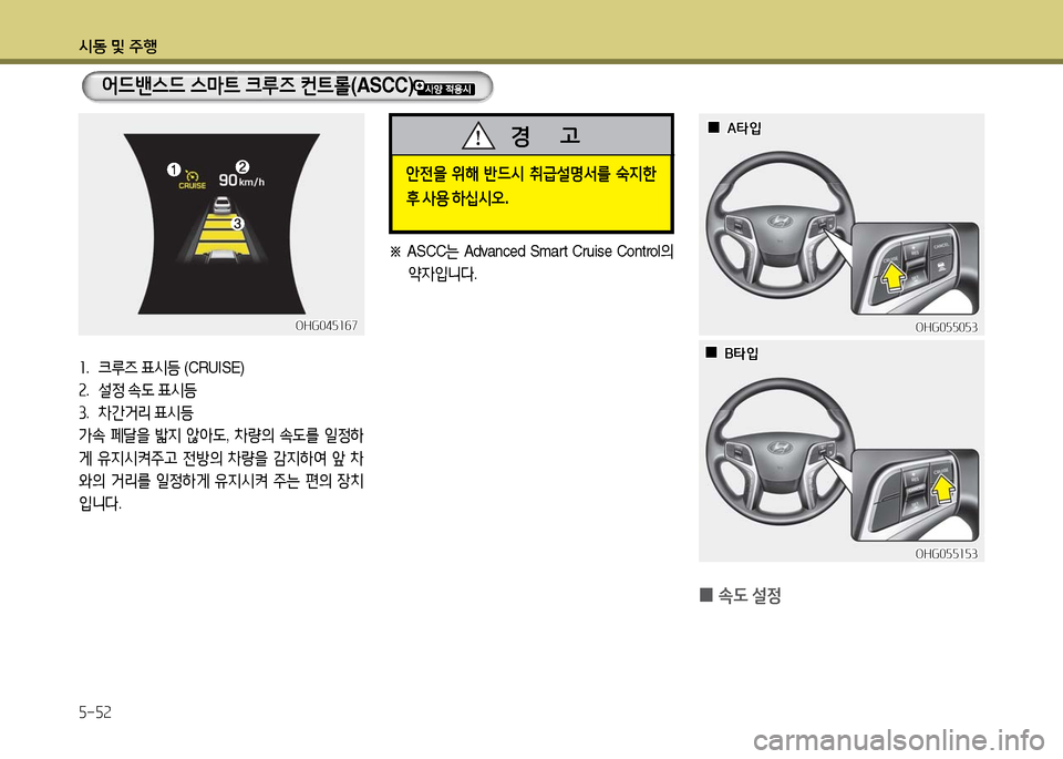 Hyundai Grandeur 2016  그랜저 HG - 사용 설명서 (in Korean) 시동 및 주행
5-52
 0속도 설정
OHG055053OHG055053
OHG055153OHG055153
OHG045167OHG045167
1. 크루즈 표시등 (CRUISE)
2. 설정 속도 표시등
3. 차간거리 표시등
가속 페달을 �