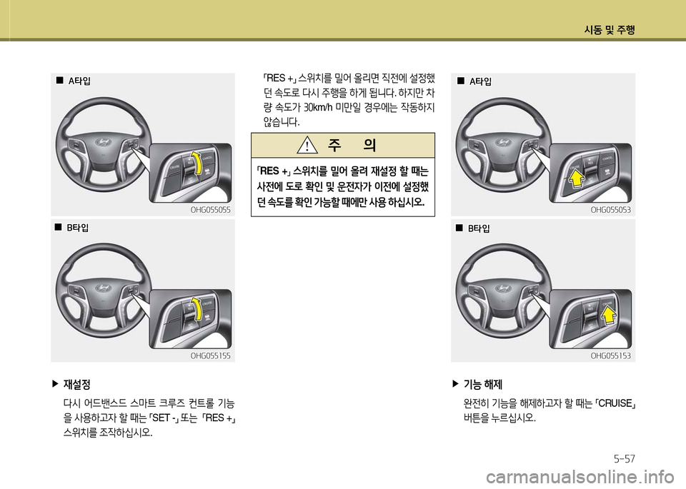Hyundai Grandeur 2016  그랜저 HG - 사용 설명서 (in Korean) 시동 및 주행
5-57
OHG055055OHG055055
OHG055155OHG055155
 ▶재설정
 다시 어드밴스드 스마트 크루즈 컨트롤 기능
을 사용하고자 할 때는 「SET -」 또는  「RES +」 
