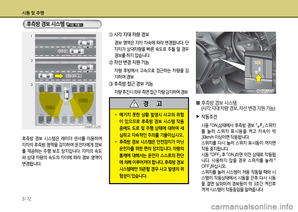 Hyundai Grandeur 2016  그랜저 HG - 사용 설명서 (in Korean) 시동 및 주행
5-72
후측방 경보 시스템은 레이더 센서를 이용하여 
자차의 후측방 영역을 감지하여 운전자에게 정보
를 제공하는 주행 보조 장치입니다.