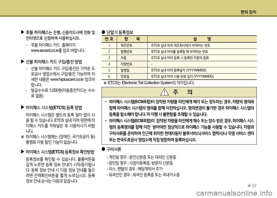 Hyundai Grandeur 2015  그랜저 HG - 사용 설명서 (in Korean) 편의 장치4-자7
 
▶
후불  하이패스는  은행 , 신용카드사에  전B
