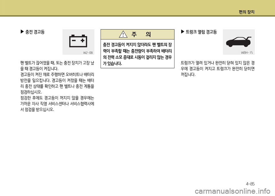 Hyundai Grandeur 2015  그랜저 HG - 사용 설명서 (in Korean) 편의 장치4-8자
 
▶
충전  경고등  
팬 벨?@