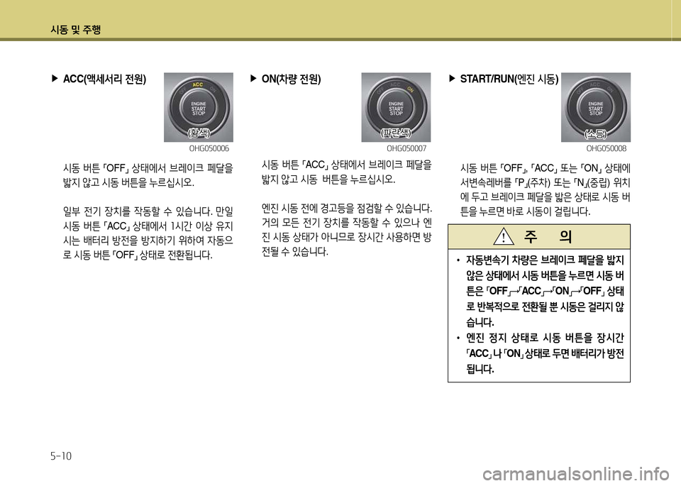 Hyundai Grandeur 2015  그랜저 HG - 사용 설명서 (in Korean) /d동 및 주B 자-소0
 
▶
START/RUN( 엔진 시동 )
 /d동  버튼  
「OFF
」, 
「ACC
」 
"