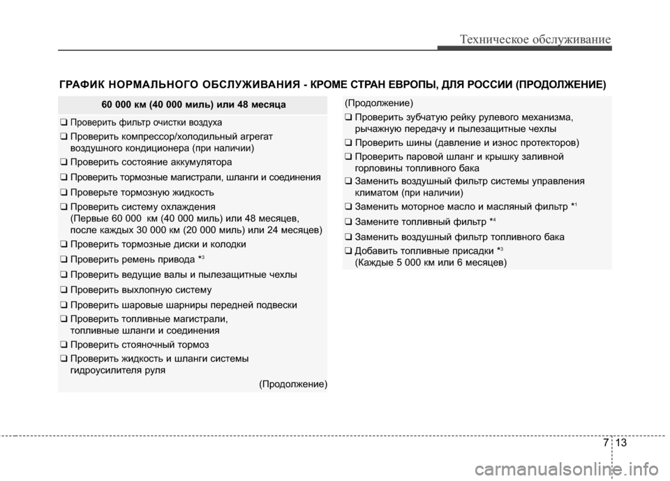 Hyundai Grandeur 2013 Инструкция по эксплуатации (in Russian) 713
Техниче\bкое об\b\fуживание
60 000 км (40 000 миль) или 48 месяца
❑ Проверить фиKЩьтр очиKOтки воздуха
❑ Проверить ко Hyundai Grandeur 2013 Инструкция по эксплуатации (in Russian) 713
Техниче\bкое об\b\fуживание
60 000 км (40 000 миль) или 48 месяца
❑ Проверить фиKЩьтр очиKOтки воздуха
❑ Проверить ко