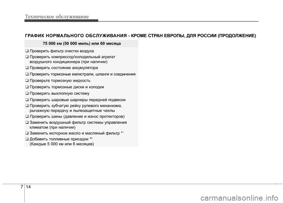 Hyundai Grandeur 2013 Инструкция по эксплуатации (in Russian) Техниче\bкое об\b\fуживание
14
7
75 000 км (50 000 миль) или 60 месяца
❑ Проверить фиKЩьтр очиKOтки воздуха
❑ Проверить к Hyundai Grandeur 2013 Инструкция по эксплуатации (in Russian) Техниче\bкое об\b\fуживание
14
7
75 000 км (50 000 миль) или 60 месяца
❑ Проверить фиKЩьтр очиKOтки воздуха
❑ Проверить к