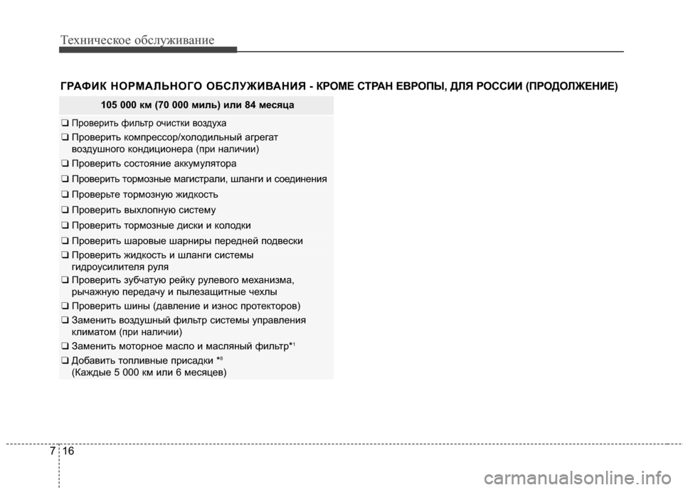 Hyundai Grandeur 2013 Инструкция по эксплуатации (in Russian) Техниче\bкое об\b\fуживание
16
7
105 000 км (70 000 миль) или 84 месяца
❑ Проверить фиKЩьтр очиKOтки воздуха
❑ Проверить к Hyundai Grandeur 2013 Инструкция по эксплуатации (in Russian) Техниче\bкое об\b\fуживание
16
7
105 000 км (70 000 миль) или 84 месяца
❑ Проверить фиKЩьтр очиKOтки воздуха
❑ Проверить к