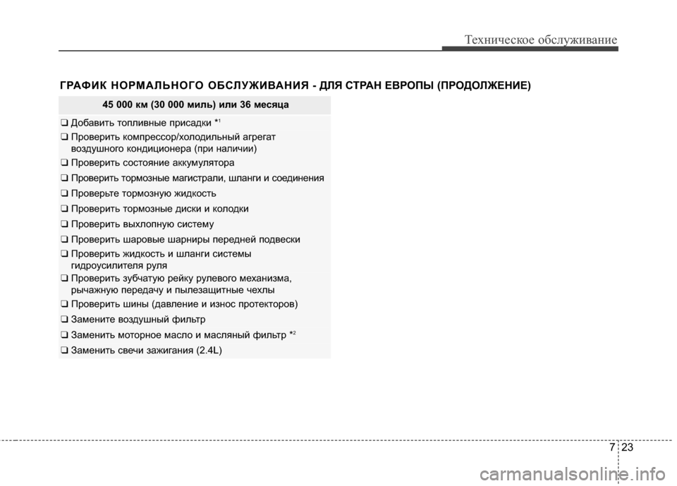 Hyundai Grandeur 2013 Инструкция по эксплуатации (in Russian) 723
Техниче\bкое об\b\fуживание
45 000 км (30 000 миль) или 36 месяца
❑ Добавить топKЩивные приKOадки *1
❑ Проверить компр Hyundai Grandeur 2013 Инструкция по эксплуатации (in Russian) 723
Техниче\bкое об\b\fуживание
45 000 км (30 000 миль) или 36 месяца
❑ Добавить топKЩивные приKOадки *1
❑ Проверить компр