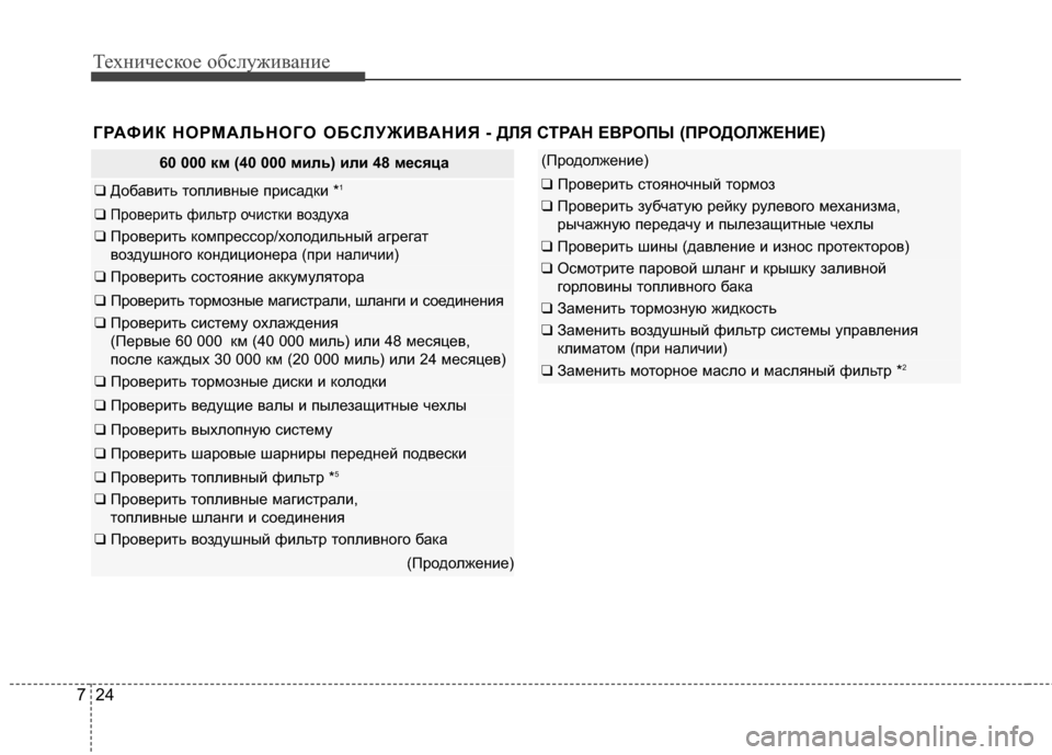 Hyundai Grandeur 2013 Инструкция по эксплуатации (in Russian) Техниче\bкое об\b\fуживание
24
7
ГРАФИК НОРМАRcЬНОГО ОБСRcУЖИR№АНИЯ - ДRcЯ СТРАН ЕR№Р ОПЫ (ПРОДОRcЖЕНИЕ)
60 000 км (40 000 м Hyundai Grandeur 2013 Инструкция по эксплуатации (in Russian) Техниче\bкое об\b\fуживание
24
7
ГРАФИК НОРМАRcЬНОГО ОБСRcУЖИR№АНИЯ - ДRcЯ СТРАН ЕR№Р ОПЫ (ПРОДОRcЖЕНИЕ)
60 000 км (40 000 м