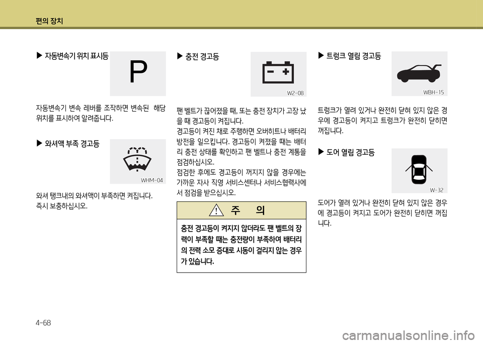 Hyundai Grandeur 2013  그랜저 HG - 사용 설명서 (in Korean) 편의 장치 4-작8
 
▶
충전  경고등  
팬 벨?@