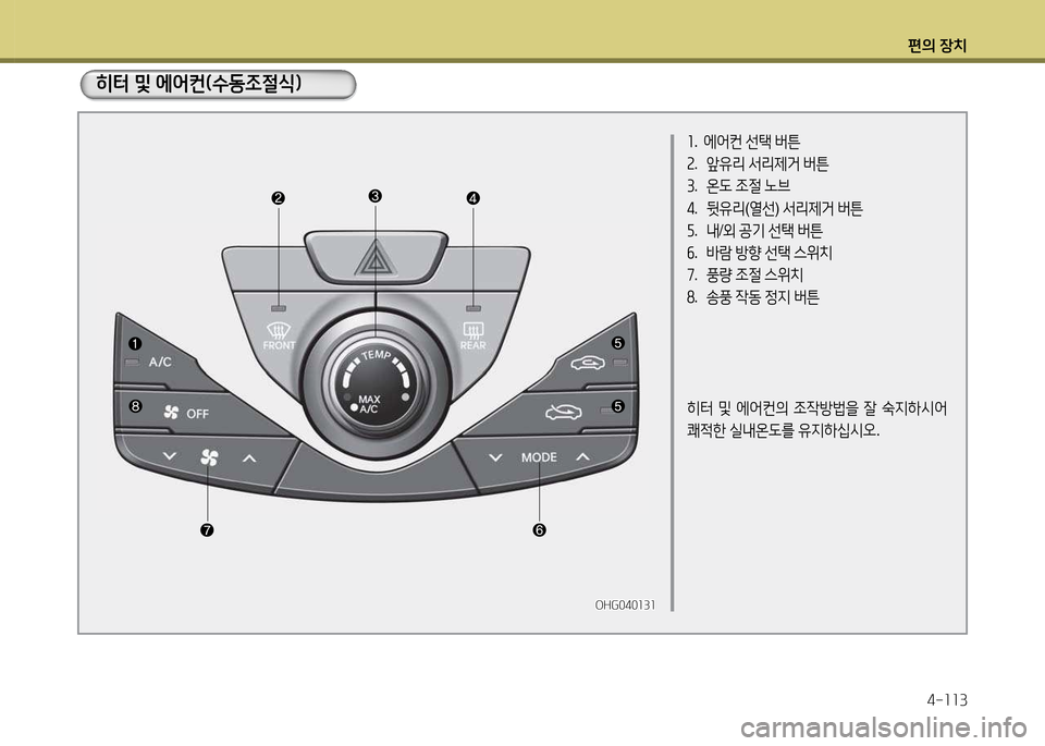 Hyundai Grandeur 2013  그랜저 HG - 사용 설명서 (in Korean) 편의 장치4-소소3
OHG040소3소OHG040소3소
좌.   에2<컨  선=e  버튼
속 .  앞유리  -