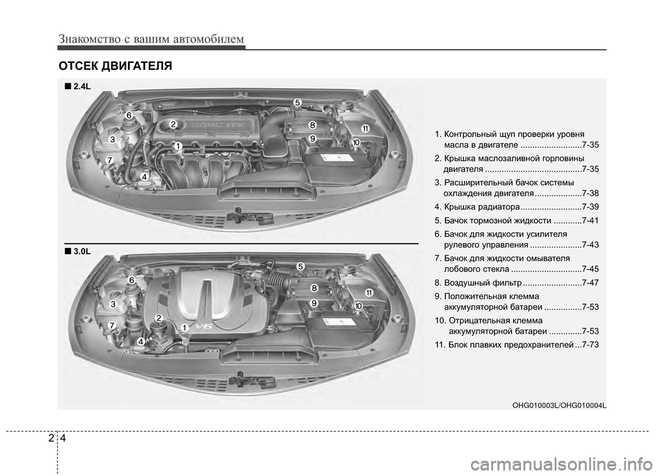 Hyundai Grandeur 2011  Инструкция по эксплуатации (in Russian) Знаком\bтво \b ваш\fм автомоб\fлем
42
ОТСЕК \bВИГАТЕЛЯ
1. Контрольный щуп проверк\f уровняма\bла в дв\fгателе ..............