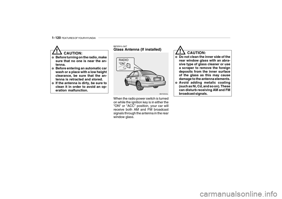 Hyundai Grandeur 2004  Owners Manual 1- 120  FEATURES OF YOUR HYUNDAI
B870D03L
B870D01L-GAT Glass Antenna (If installed) When the radio power switch is turned on while the ignition key is in either the "ON" or "ACC" position, your car wi