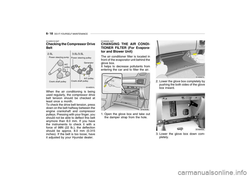 Hyundai Grandeur 2004  Owners Manual 6- 18  DO-IT-YOURSELF MAINTENANCE
G145A02L-GAT
CHANGING THE AIR CONDI- TIONER FILTER (For Evapora- tor and Blower Unit)
The air conditioner filter is located in
front of the evaporator unit behind the