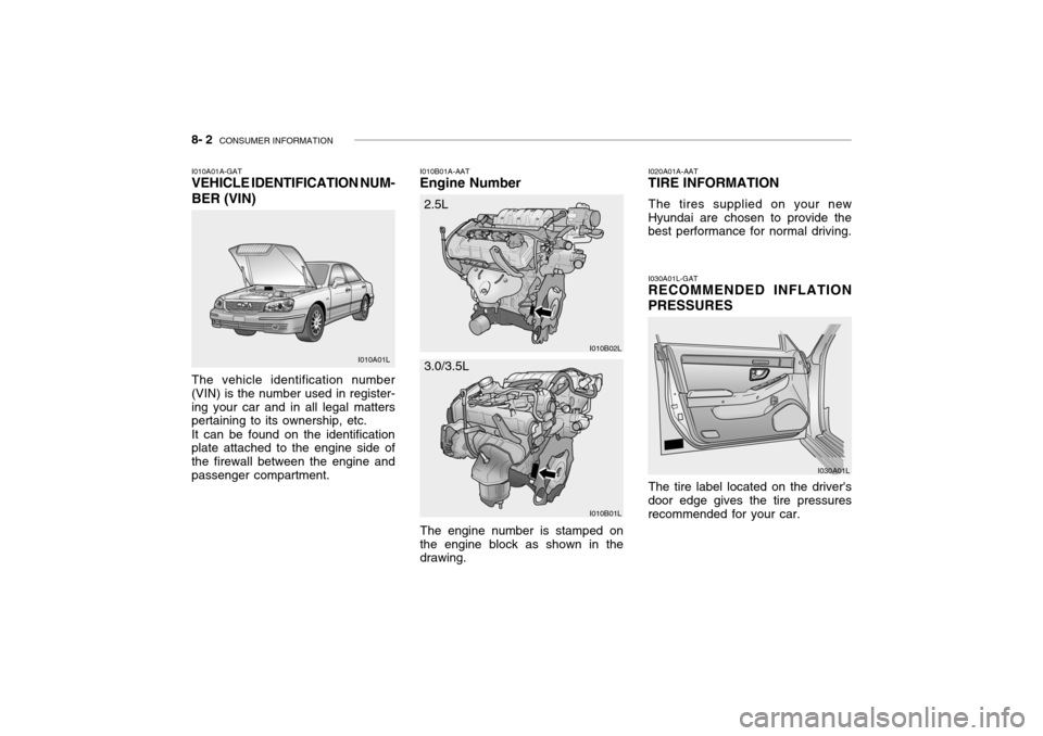 Hyundai Grandeur 2004 Owners Manual 8- 2 CONSUMER INFORMATION
I010B01A-AAT
Engine Number
I010A01A-GAT VEHICLE IDENTIFICATION NUM- BER (VIN) The vehicle identification number (VIN) is the number used in register-ing your car and in all Hyundai Grandeur 2004 Owners Manual 8- 2 CONSUMER INFORMATION
I010B01A-AAT
Engine Number
I010A01A-GAT VEHICLE IDENTIFICATION NUM- BER (VIN) The vehicle identification number (VIN) is the number used in register-ing your car and in all