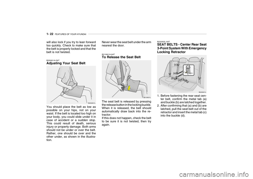 Hyundai Grandeur 2004 Owners Guide 1- 22  FEATURES OF YOUR HYUNDAI
Never wear the seat belt under the arm nearest the door.
B220A01L
(a)
(c)
(b) (d)
1. Before fastening the rear seat cen- ter belt, confirm the metal tab (a) and buckle 