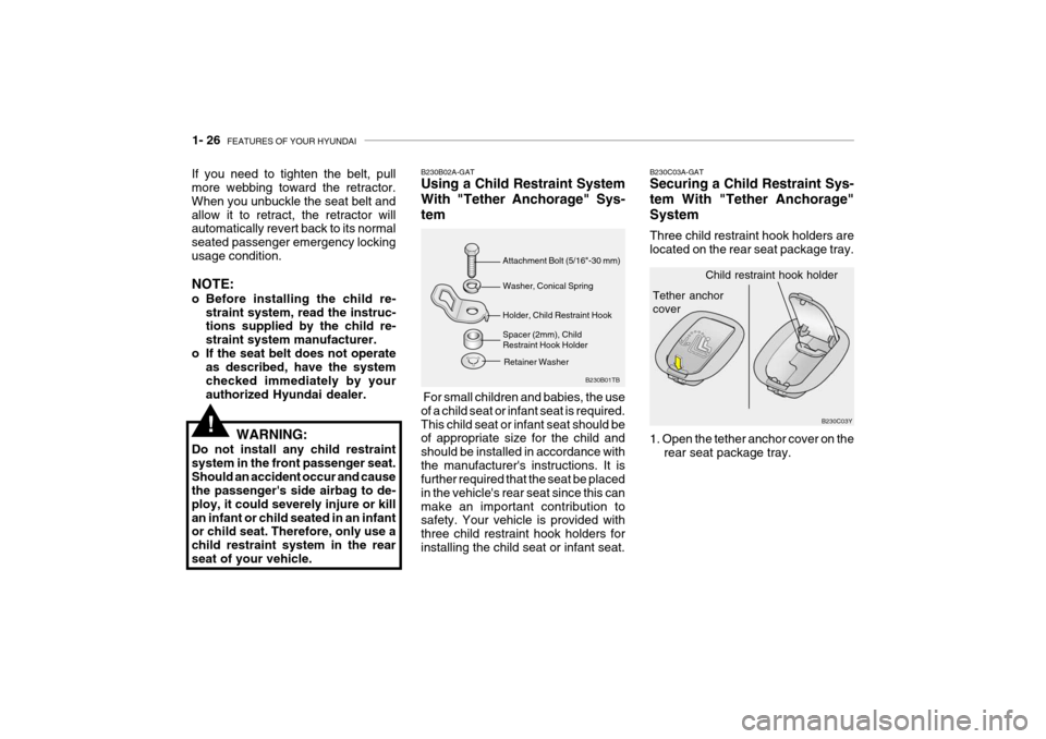 Hyundai Grandeur 2004 Owners Guide 1- 26  FEATURES OF YOUR HYUNDAI
Tether anchor cover
B230C03Y
Child restraint hook holder
Spacer (2mm), Child Restraint Hook HolderB230B01TB
Attachment Bolt (5/16"-30 mm) Washer, Conical Spring Holder,