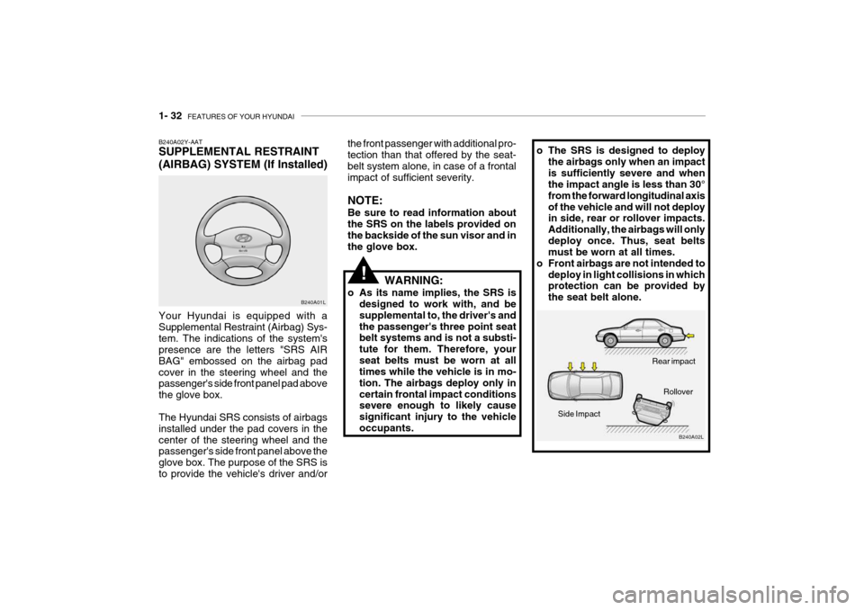 Hyundai Grandeur 2004 Service Manual 1- 32 FEATURES OF YOUR HYUNDAI
o The SRS is designed to deploy
the airbags only when an impact is sufficiently severe and when the impact angle is less than 30° from the forward longitudinal axisof Hyundai Grandeur 2004 Service Manual 1- 32 FEATURES OF YOUR HYUNDAI
o The SRS is designed to deploy
the airbags only when an impact is sufficiently severe and when the impact angle is less than 30° from the forward longitudinal axisof