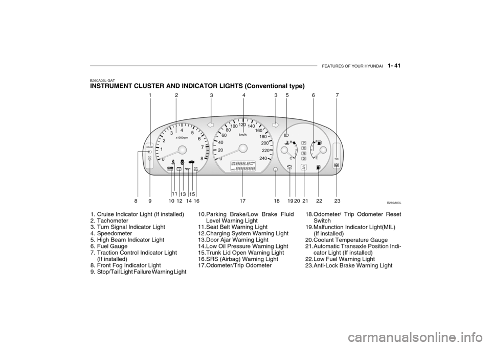 Hyundai Grandeur 2004 Workshop Manual FEATURES OF YOUR HYUNDAI   1- 41
B260A03L-GAT INSTRUMENT CLUSTER AND INDICATOR LIGHTS (Conventional type)
1. Cruise Indicator Light (If installed) 
2. Tachometer 
3. Turn Signal Indicator Light 
4. Sp