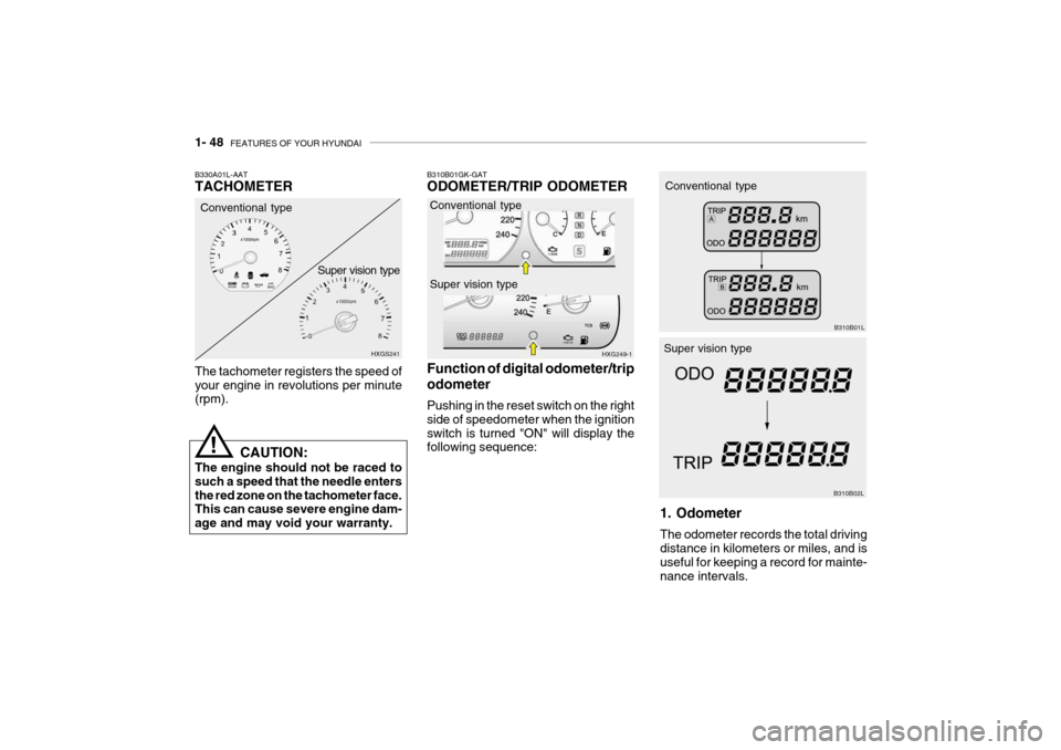 Hyundai Grandeur 2004 Repair Manual 1- 48  FEATURES OF YOUR HYUNDAI
B310B02L
Super vision type
1. Odometer The odometer records the total driving distance in kilometers or miles, and is useful for keeping a record for mainte-nance inter