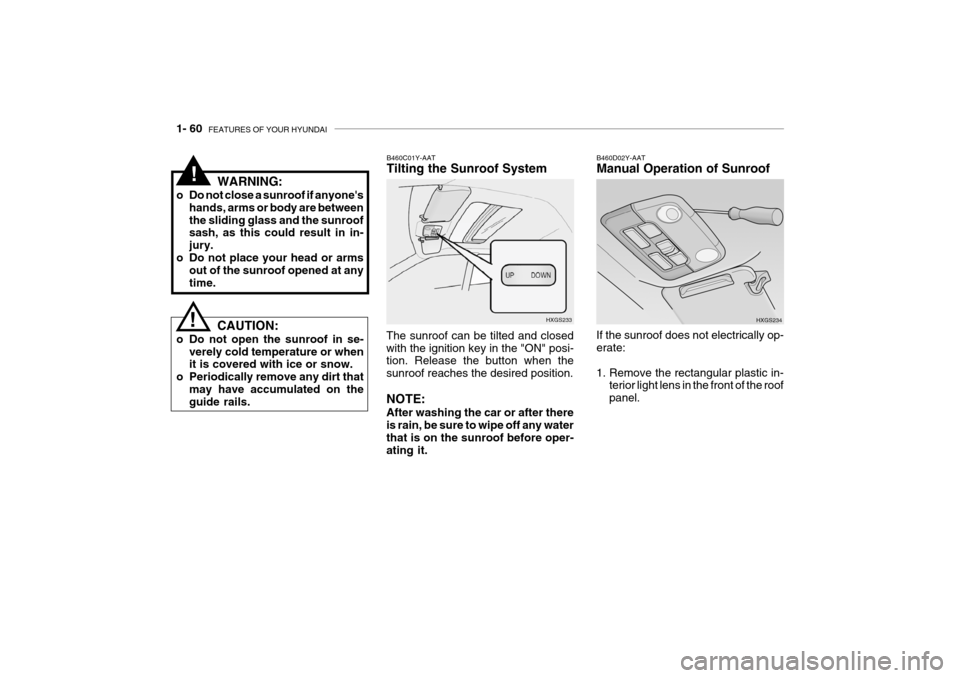 Hyundai Grandeur 2004 Manual PDF 1- 60  FEATURES OF YOUR HYUNDAI
B460D02Y-AAT Manual Operation of Sunroof
If the sunroof does not electrically op- erate: 
1. Remove the rectangular plastic in- terior light lens in the front of the ro
