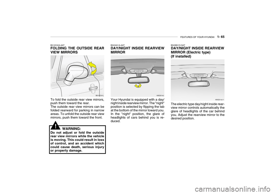 Hyundai Grandeur 2004 Manual PDF FEATURES OF YOUR HYUNDAI   1- 65
B510C02A-AAT FOLDING THE OUTSIDE REAR VIEW MIRRORS
To fold the outside rear view mirrors, push them toward the rear. The outside rear view mirrors can befolded rearwar