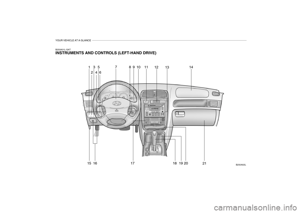 Hyundai Grandeur 2004 Owners Manual YOUR VEHICLE AT A GLANCE
B250A01L-GAT INSTRUMENTS AND CONTROLS (LEFT-HAND DRIVE)B250A02L
1
3
4 5
6 7
8910
11
12 13 14
15
16 17 18 19 20
2 21 Hyundai Grandeur 2004 Owners Manual YOUR VEHICLE AT A GLANCE
B250A01L-GAT INSTRUMENTS AND CONTROLS (LEFT-HAND DRIVE)B250A02L
1
3
4 5
6 7
8910
11
12 13 14
15
16 17 18 19 20
2 21