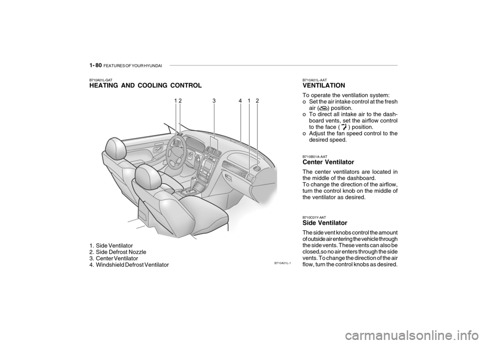 Hyundai Grandeur 2004 Owners Manual 1- 80 FEATURES OF YOUR HYUNDAI
B710A01L-GAT HEATING AND COOLING CONTROL
1. Side Ventilator
2. Side Defrost Nozzle
3. Center Ventilator
4. Windshield Defrost Ventilator B710B01A-AAT Center Ventilat Hyundai Grandeur 2004 Owners Manual 1- 80 FEATURES OF YOUR HYUNDAI
B710A01L-GAT HEATING AND COOLING CONTROL
1. Side Ventilator
2. Side Defrost Nozzle
3. Center Ventilator
4. Windshield Defrost Ventilator B710B01A-AAT Center Ventilat