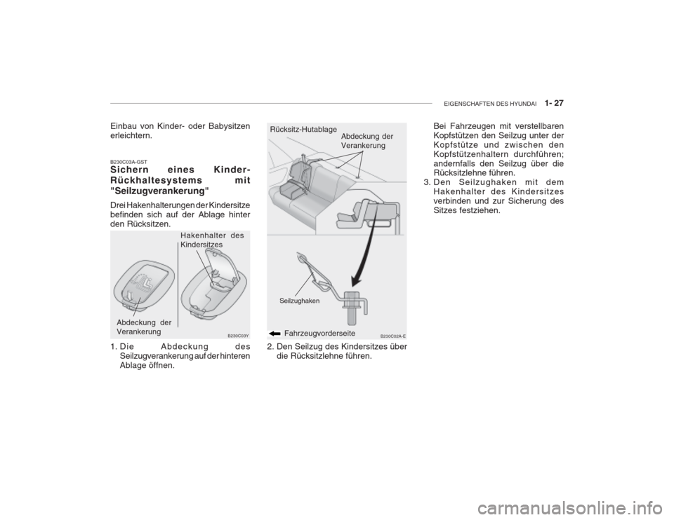 Hyundai Grandeur 2004 Betriebsanleitung (in German) EIGENSCHAFTEN DES HYUNDAI 1- 27
B230C03A-GST Sichern eines Kinder- Rückhaltesystems mit"Seilzugverankerung" Drei Hakenhalterungen der Kindersitze befinden sich auf der Ablage hinterden Rücksitzen Hyundai Grandeur 2004 Betriebsanleitung (in German) EIGENSCHAFTEN DES HYUNDAI 1- 27
B230C03A-GST Sichern eines Kinder- Rückhaltesystems mit"Seilzugverankerung" Drei Hakenhalterungen der Kindersitze befinden sich auf der Ablage hinterden Rücksitzen