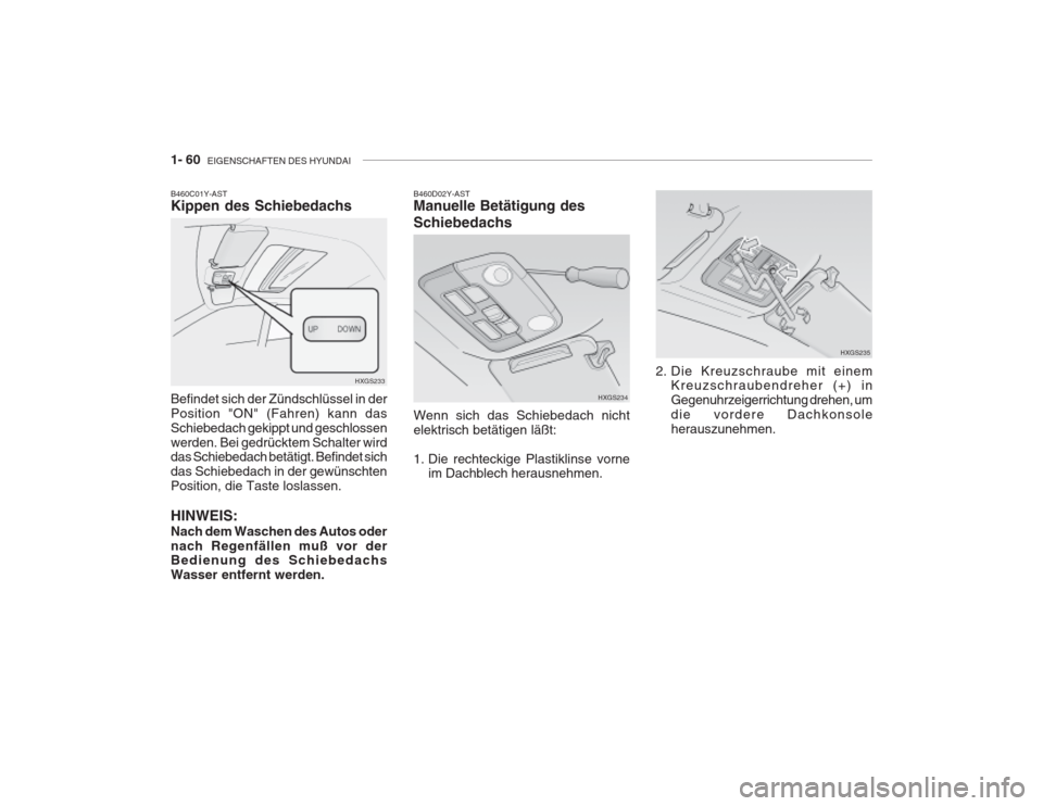Hyundai Grandeur 2004  Betriebsanleitung (in German) 1- 60  EIGENSCHAFTEN DES HYUNDAI
HXGS235
2. Die Kreuzschraube mit einem Kreuzschraubendreher (+) in Gegenuhrzeigerrichtung drehen, umdie vordere Dachkonsoleherauszunehmen.
HXGS233
B460C01Y-AST Kippen 