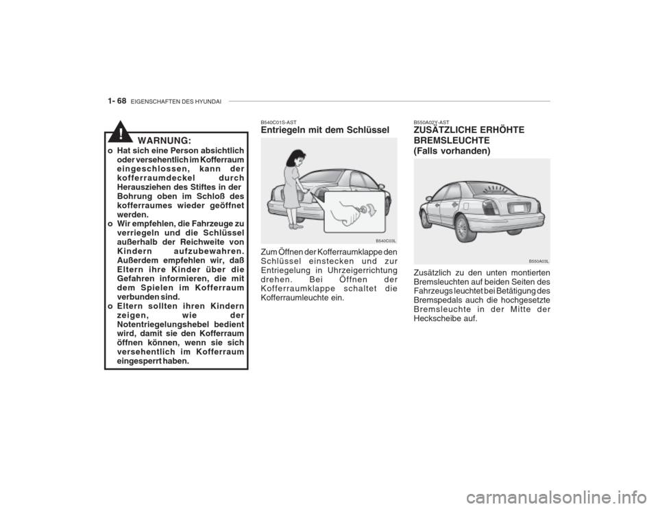 Hyundai Grandeur 2004  Betriebsanleitung (in German) 1- 68  EIGENSCHAFTEN DES HYUNDAI
B550A03L
B550A02Y-AST ZUSÄTZLICHE ERHÖHTE BREMSLEUCHTE (Falls vorhanden) Zusätzlich zu den unten montierten Bremsleuchten auf beiden Seiten des Fahrzeugs leuchtet b