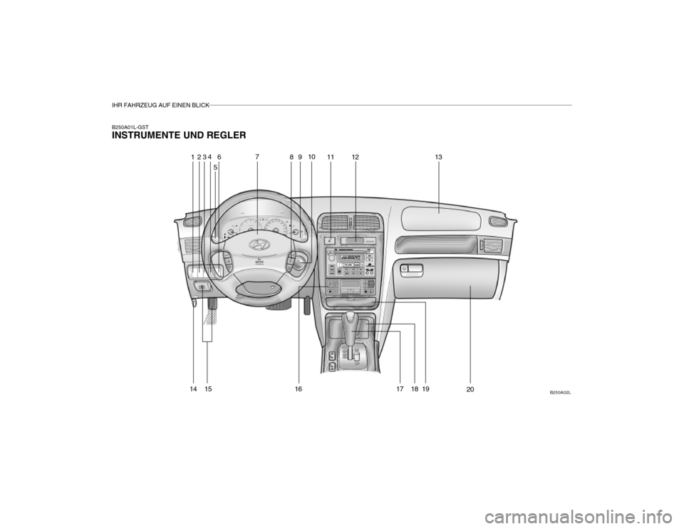 Hyundai Grandeur 2004  Betriebsanleitung (in German) IHR FAHRZEUG AUF EINEN BLICK
B250A01L-GST INSTRUMENTE UND REGLERB250A02L
1
3
4
56
7
8910
11 12 13
14
15 16 17 18 19
2
20  