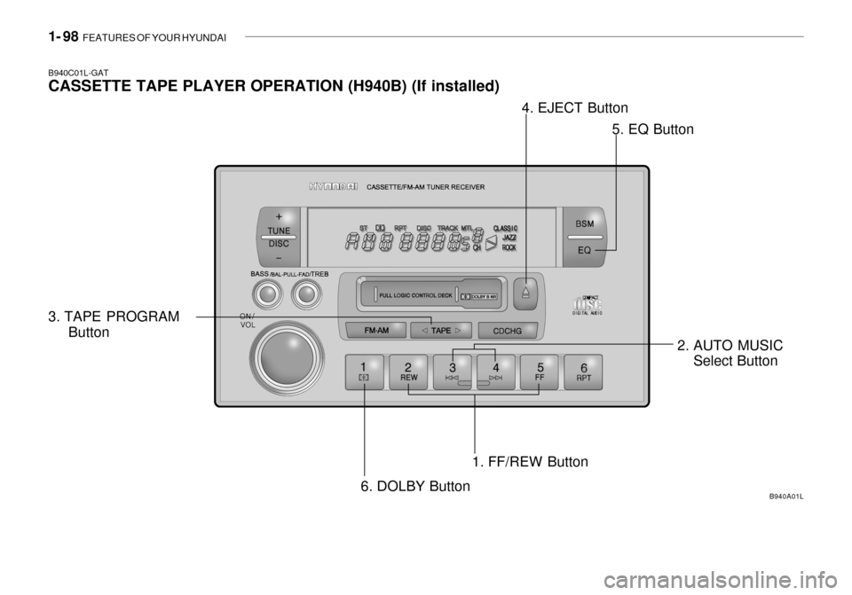 Hyundai Grandeur 2003  Owners Manual 1- 98  FEATURES OF YOUR HYUNDAI
B940C01L-GAT CASSETTE TAPE PLAYER OPERATION (H940B) (If installed)
1. FF/REW Button
B940A01L
2. AUTO MUSICSelect Button
3. TAPE PROGRAM
 Button 4. EJECT Button
5. EQ Bu