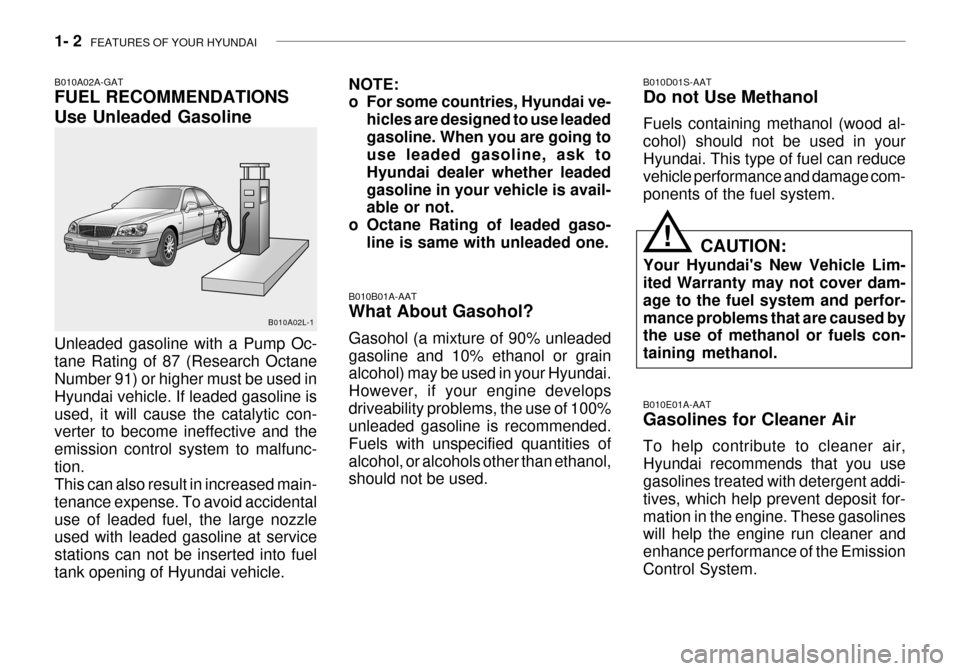Hyundai Grandeur 2003 User Guide 1- 2  FEATURES OF YOUR HYUNDAI
B010B01A-AAT What About Gasohol? Gasohol (a mixture of 90% unleaded gasoline and 10% ethanol or grain alcohol) may be used in your Hyundai. However, if your engine devel