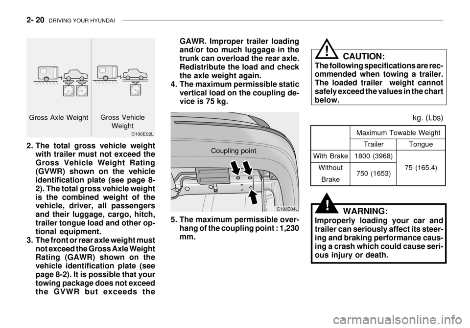 Hyundai Grandeur 2003 Owners Manual 2- 20 DRIVING YOUR HYUNDAI
With Brake
WithoutBrake Tongue
75 (165.4)
Maximum Towable Weight
kg. (Lbs)
Trailer
1800 (3968)
750 (1653)
WARNING:
Improperly loading your car and trailer can seriously aff Hyundai Grandeur 2003 Owners Manual 2- 20 DRIVING YOUR HYUNDAI
With Brake
WithoutBrake Tongue
75 (165.4)
Maximum Towable Weight
kg. (Lbs)
Trailer
1800 (3968)
750 (1653)
WARNING:
Improperly loading your car and trailer can seriously aff
