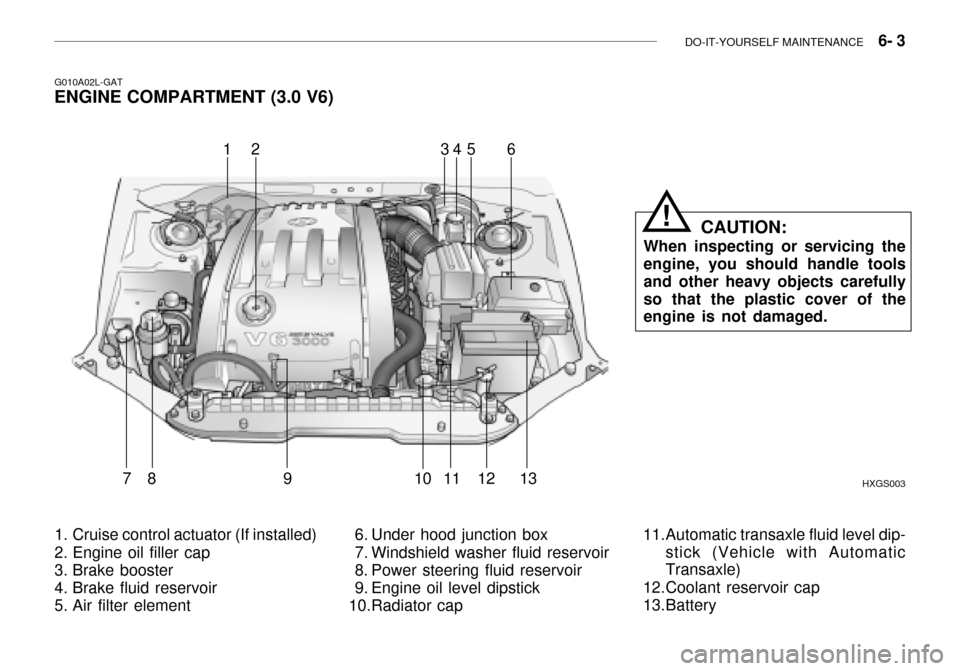Hyundai Grandeur 2003  Owners Manual DO-IT-YOURSELF MAINTENANCE    6- 3
G010A02L-GAT
ENGINE COMPARTMENT (3.0 V6)
HXGS003
164
7891011 1213
1. Cruise control actuator (If installed) 
2. Engine oil filler cap 
3. Brake booster 
4. Brake flu