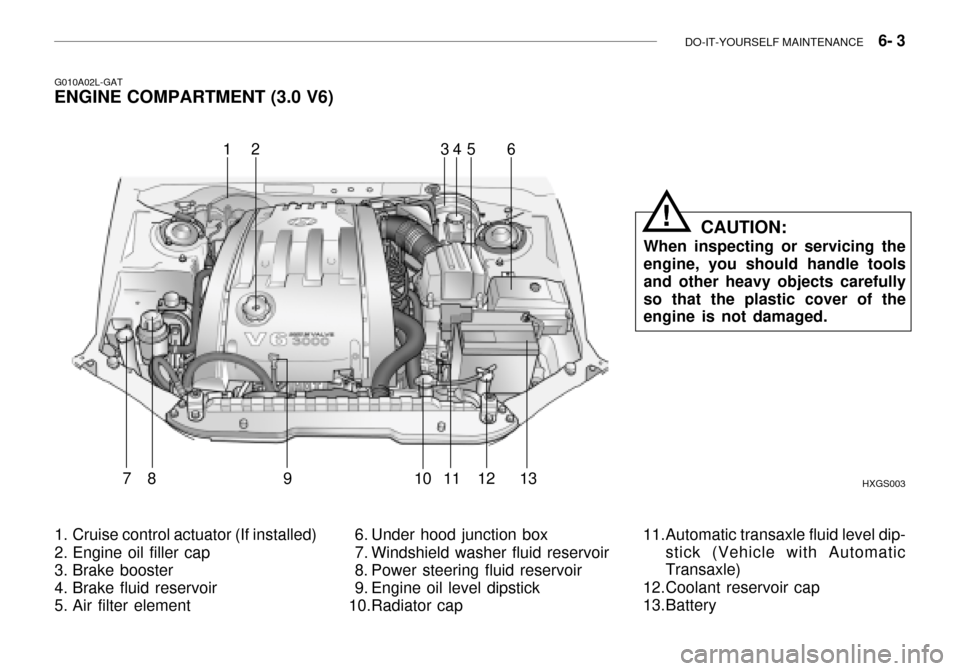 Hyundai Grandeur 2003 Owners Manual DO-IT-YOURSELF MAINTENANCE 6- 3
G010A02L-GAT
ENGINE COMPARTMENT (3.0 V6)
HXGS003
164
7891011 1213
1. Cruise control actuator (If installed)
2. Engine oil filler cap
3. Brake booster
4. Brake flu Hyundai Grandeur 2003 Owners Manual DO-IT-YOURSELF MAINTENANCE 6- 3
G010A02L-GAT
ENGINE COMPARTMENT (3.0 V6)
HXGS003
164
7891011 1213
1. Cruise control actuator (If installed)
2. Engine oil filler cap
3. Brake booster
4. Brake flu