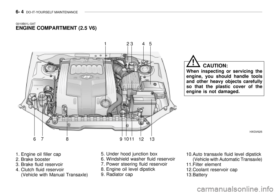 Hyundai Grandeur 2003 Owners Manual 6- 4 DO-IT-YOURSELF MAINTENANCE
1. Engine oil filler cap
2. Brake booster
3. Brake fluid reservoir
4. Clutch fluid reservoir
(Vehicle with Manual Transaxle) 5. Under hood junction box
6. Windshie Hyundai Grandeur 2003 Owners Manual 6- 4 DO-IT-YOURSELF MAINTENANCE
1. Engine oil filler cap
2. Brake booster
3. Brake fluid reservoir
4. Clutch fluid reservoir
(Vehicle with Manual Transaxle) 5. Under hood junction box
6. Windshie