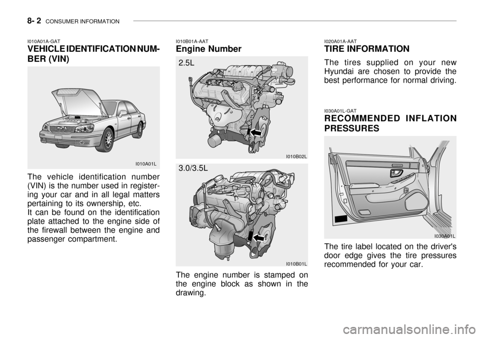 Hyundai Grandeur 2003  Owners Manual 8- 2  CONSUMER INFORMATION
I010B01A-AAT
Engine Number
I010A01A-GAT VEHICLE IDENTIFICATION NUM- BER (VIN) The vehicle identification number (VIN) is the number used in register-ing your car and in all 