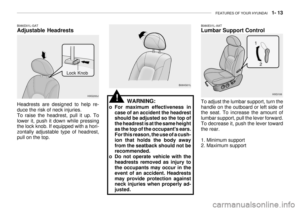 Hyundai Grandeur 2003 Owners Guide FEATURES OF YOUR HYUNDAI   1- 13
B080E01L-AAT Lumbar Support Control To adjust the lumbar support, turn the handle on the outboard or left side of the seat. To increase the amount of lumbar support, p