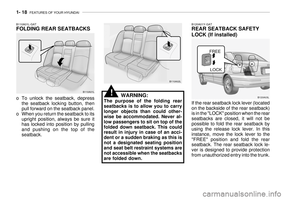 Hyundai Grandeur 2003  Owners Manual 1- 18  FEATURES OF YOUR HYUNDAI
FREE
LOCK
B120A01Y-GAT REAR SEATBACK SAFETY LOCK (If installed) If the rear seatback lock lever (located on the backside of the rear seatback) is in the "LOCK" position