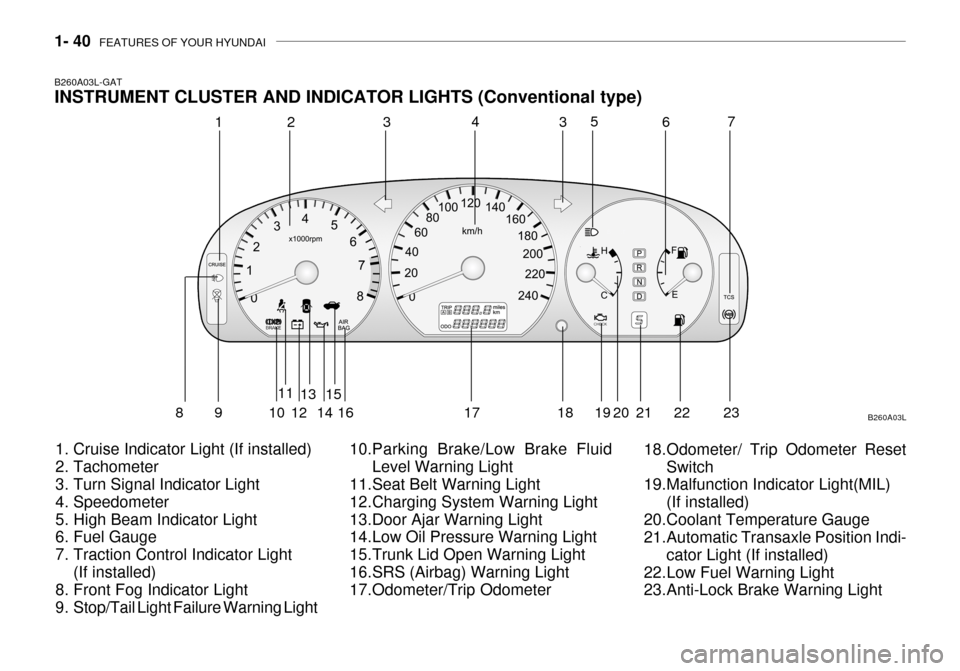 Hyundai Grandeur 2003  Owners Manual 1- 40  FEATURES OF YOUR HYUNDAI
B260A03L-GAT INSTRUMENT CLUSTER AND INDICATOR LIGHTS (Conventional type)
1. Cruise Indicator Light (If installed) 
2. Tachometer 
3. Turn Signal Indicator Light 
4. Spe