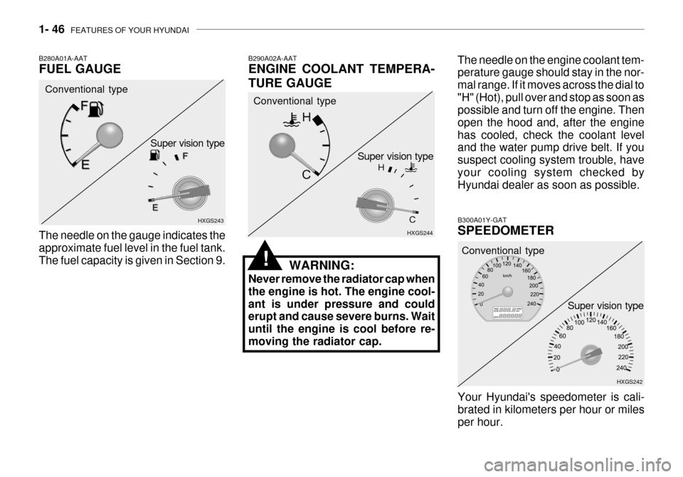 Hyundai Grandeur 2003  Owners Manual 1- 46  FEATURES OF YOUR HYUNDAI
B300A01Y-GAT SPEEDOMETER Your Hyundais speedometer is cali- brated in kilometers per hour or miles per hour. HXGS242
Conventional type
Super vision type
B280A01A-AAT F