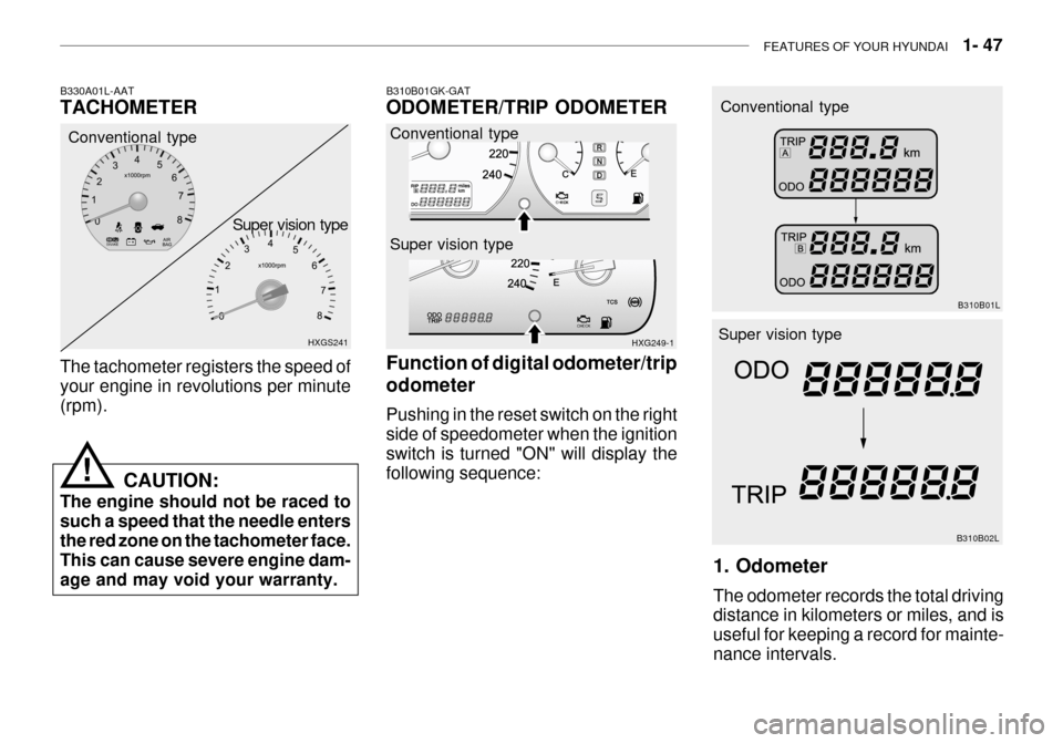 Hyundai Grandeur 2003 Repair Manual FEATURES OF YOUR HYUNDAI   1- 47
B310B02L
Super vision type
1. Odometer The odometer records the total driving distance in kilometers or miles, and is useful for keeping a record for mainte-nance inte