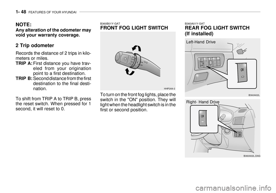 Hyundai Grandeur 2003 Repair Manual 1- 48  FEATURES OF YOUR HYUNDAI
B360B01Y-GAT FRONT FOG LIGHT SWITCH To turn on the front fog lights, place the switch in the "ON" position. They will light when the headlight switch is in the first or