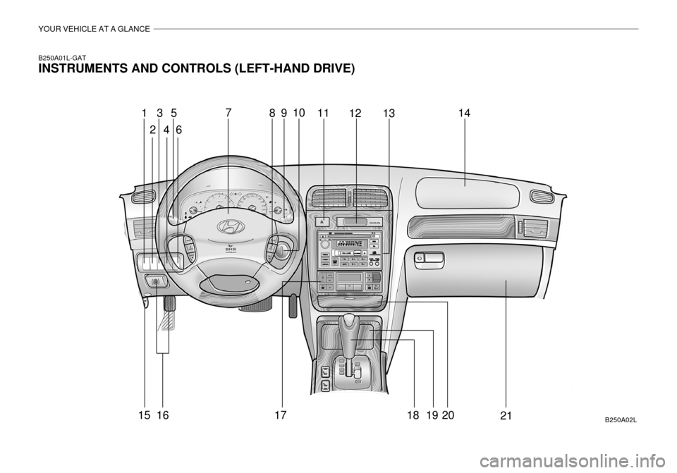 Hyundai Grandeur 2003  Owners Manual YOUR VEHICLE AT A GLANCE
B250A01L-GAT INSTRUMENTS AND CONTROLS (LEFT-HAND DRIVE)B250A02L
1
3
4 5
6 7
8910
11
12 13 14
15
16 17 18 19 20
2 21  