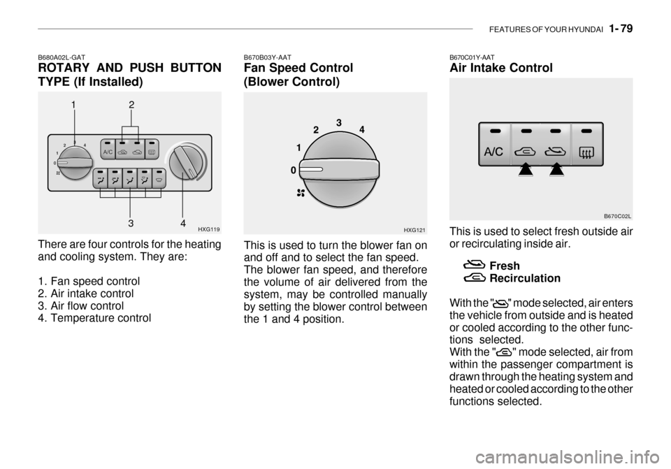 Hyundai Grandeur 2003 Owners Manual FEATURES OF YOUR HYUNDAI 1- 79
1 B670B03Y-AAT Fan Speed Control (Blower Control)
HXG121
This is used to turn the blower fan on and off and to select the fan speed. The blower fan speed, and therefor Hyundai Grandeur 2003 Owners Manual FEATURES OF YOUR HYUNDAI 1- 79
1 B670B03Y-AAT Fan Speed Control (Blower Control)
HXG121
This is used to turn the blower fan on and off and to select the fan speed. The blower fan speed, and therefor