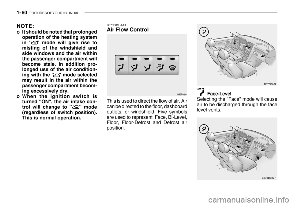 Hyundai Grandeur 2003 Owners Manual 1- 80 FEATURES OF YOUR HYUNDAI
NOTE:
o It should be noted that prolonged
operation of the heating system in " " mode will give rise tomisting of the windshield and side windows and the air within t Hyundai Grandeur 2003 Owners Manual 1- 80 FEATURES OF YOUR HYUNDAI
NOTE:
o It should be noted that prolonged
operation of the heating system in " " mode will give rise tomisting of the windshield and side windows and the air within t